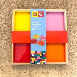 LEGO x Target. 4 Appetizer Plates, Red, Orange, Yellow, Pink Wooden Tray Set
